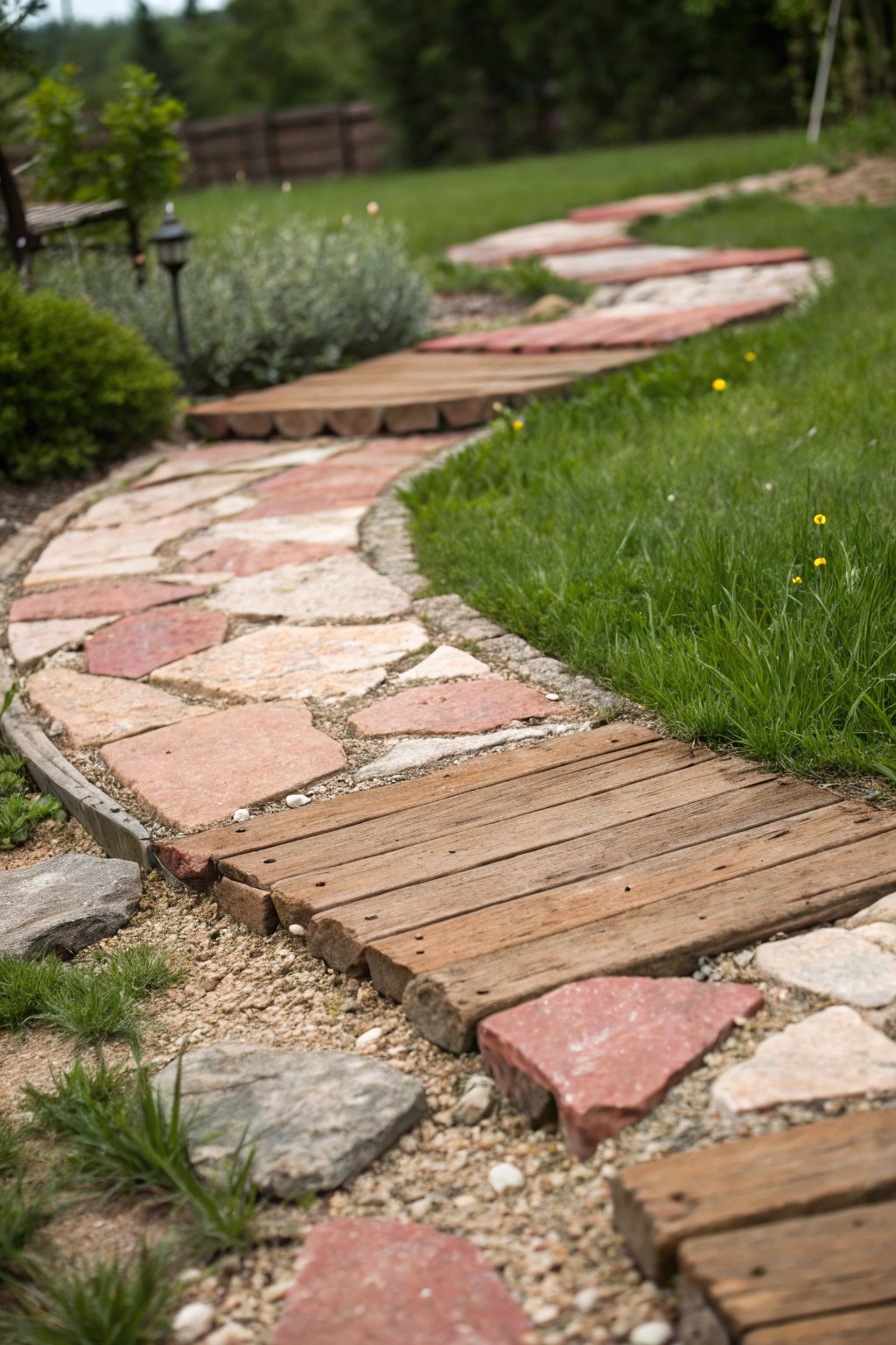 A harmonious patchwork walkway—where natural textures meet timeless style.