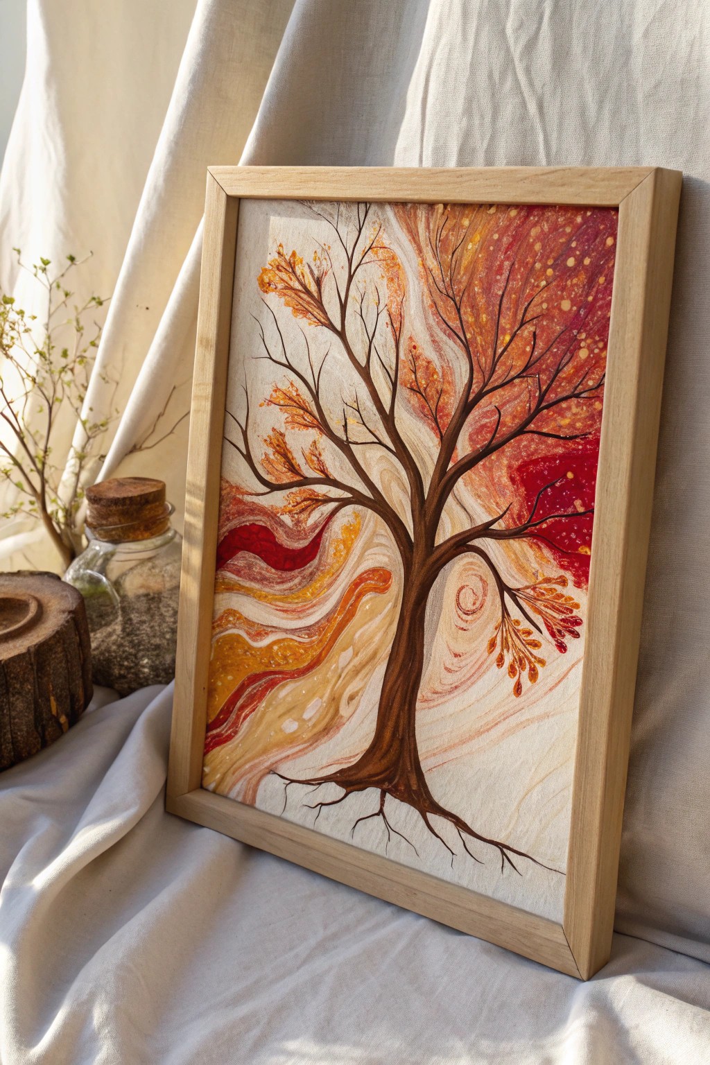 Warm up your space with a handcrafted autumn tree pour painting—where minimalist style meets boho charm.