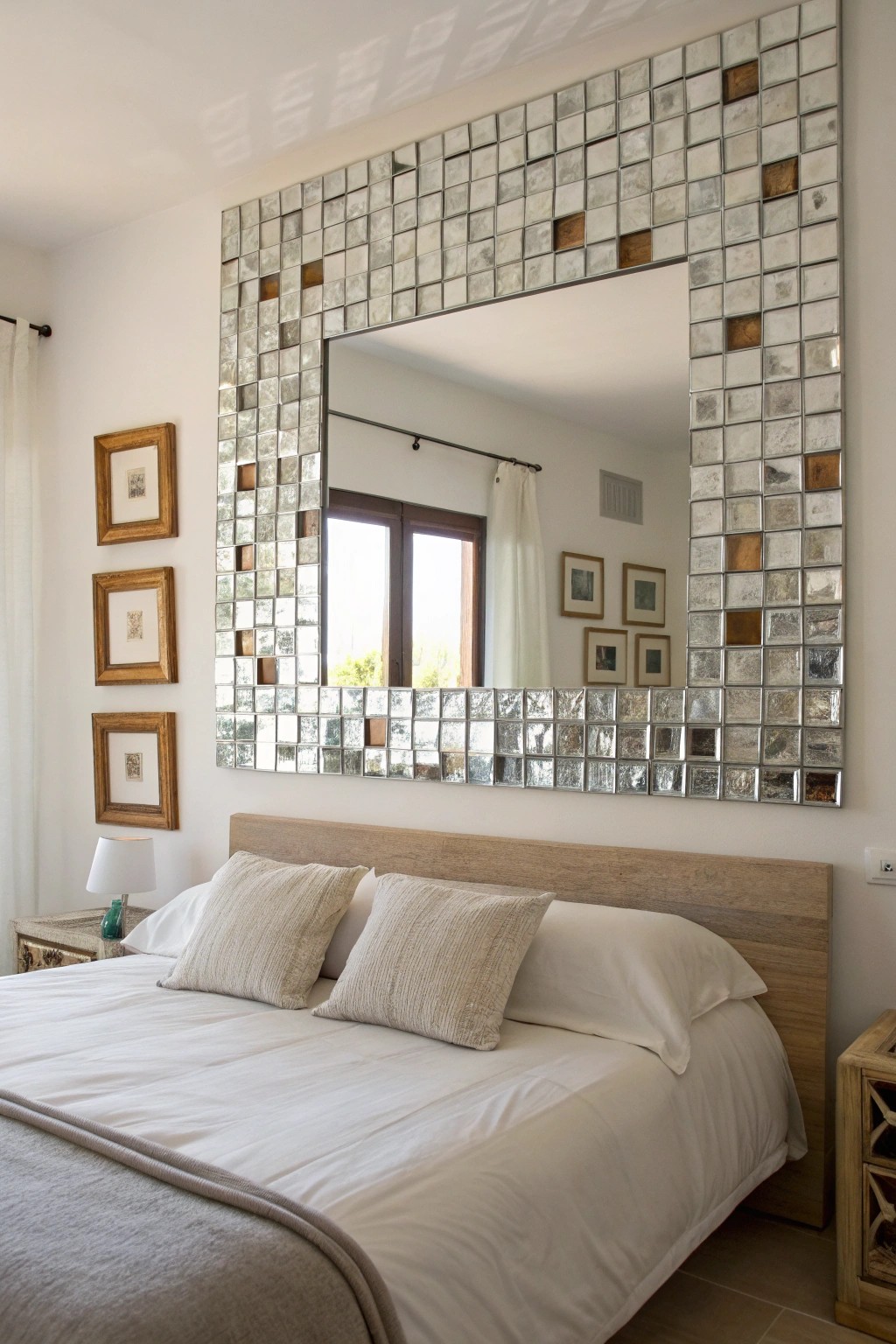 Elevate your bedroom with a handcrafted mirror mosaic accent wall—where light, space, and beauty meet.