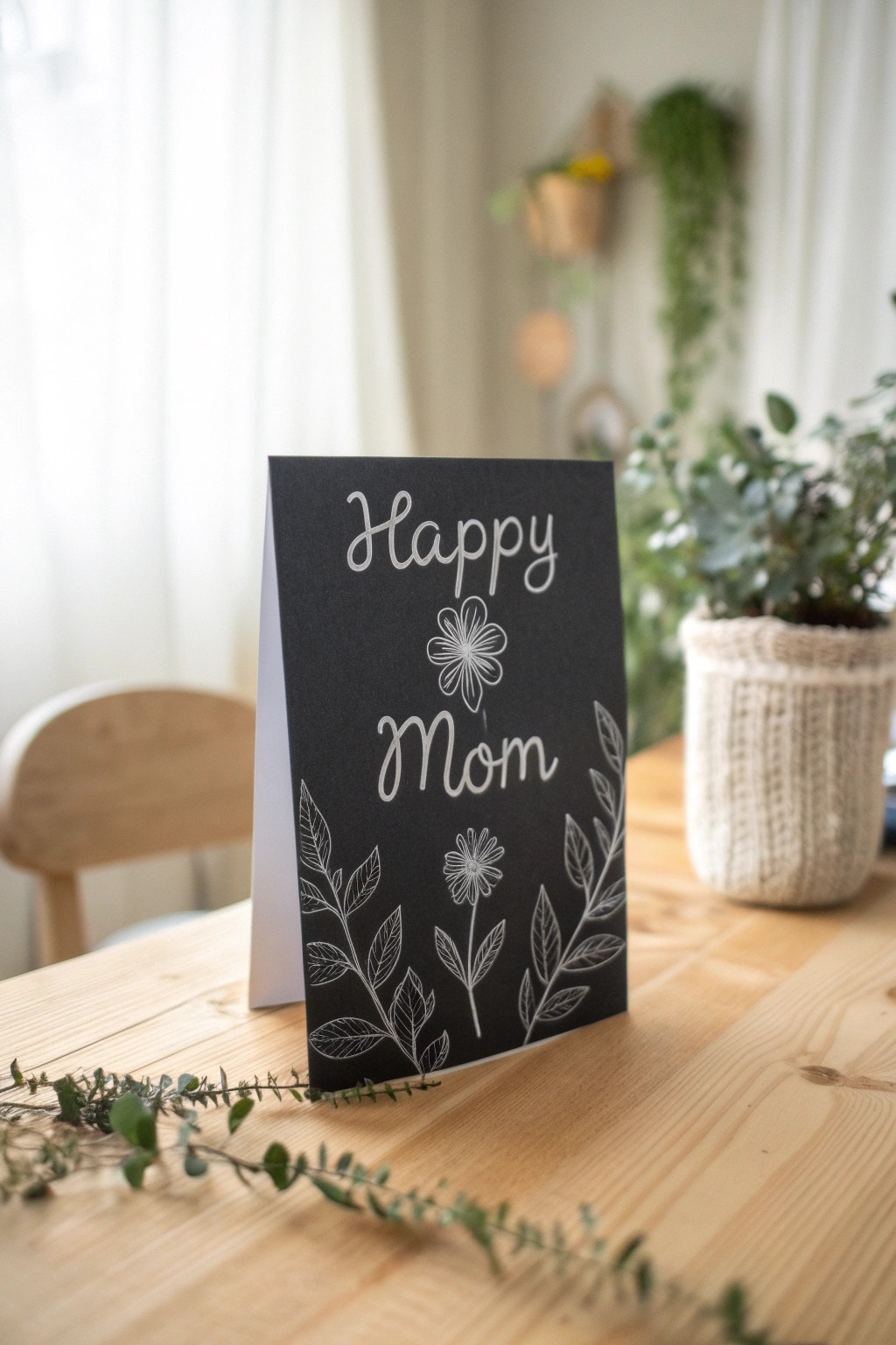 Modern chalkboard-style card: celebrate Mom with handmade simplicity and natural beauty.