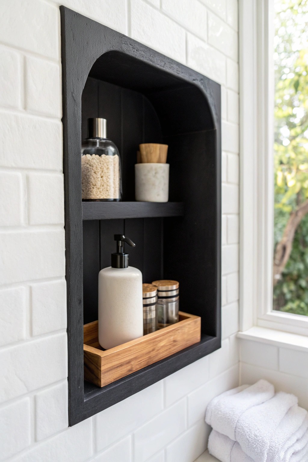 Sleek black recessed niche: a minimalist statement in monochrome bathroom design.