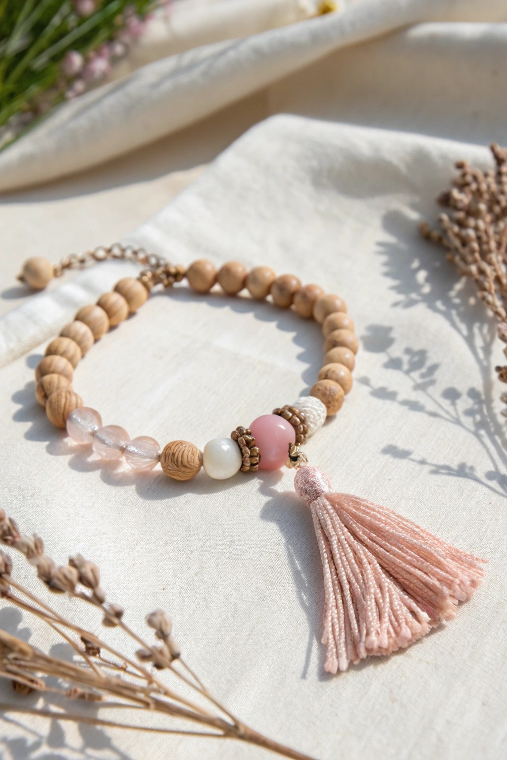 Elevate your style with a handcrafted beaded bracelet and a playful tassel accent.