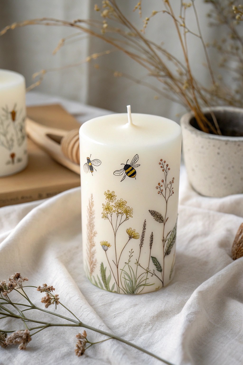 Delicate hand-painted insects bring a whimsical, storybook charm to minimalist candles.