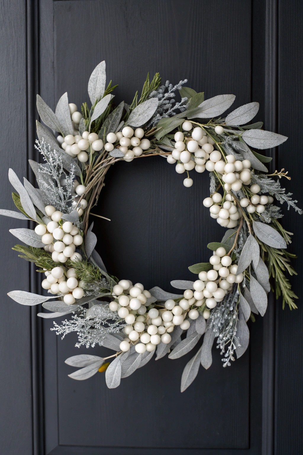 A snowy white & silver wreath brings serene winter beauty to your home.