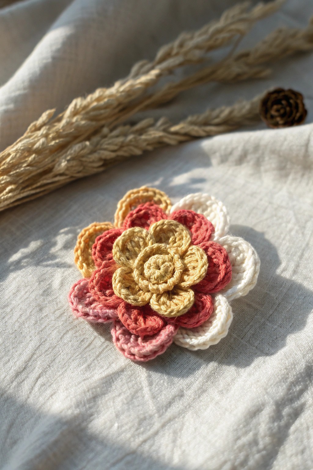 A vibrant crochet flower brooch—handmade charm meets minimalist elegance.