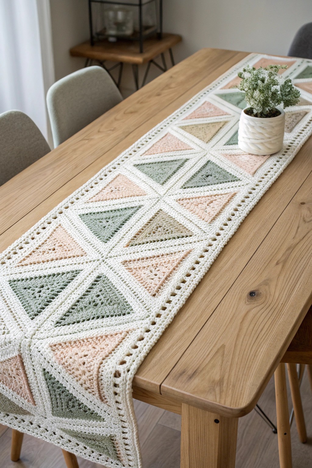 Elevate your table with a geometric crochet runner that blends Scandinavian minimalism and artisanal beauty.