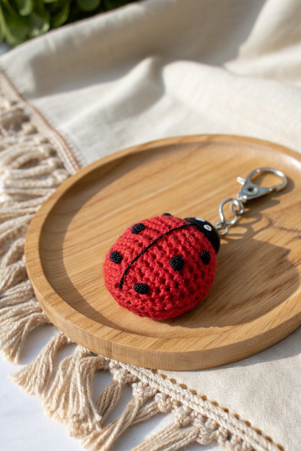 A charming crochet ladybug keychain—your handcrafted lucky charm.