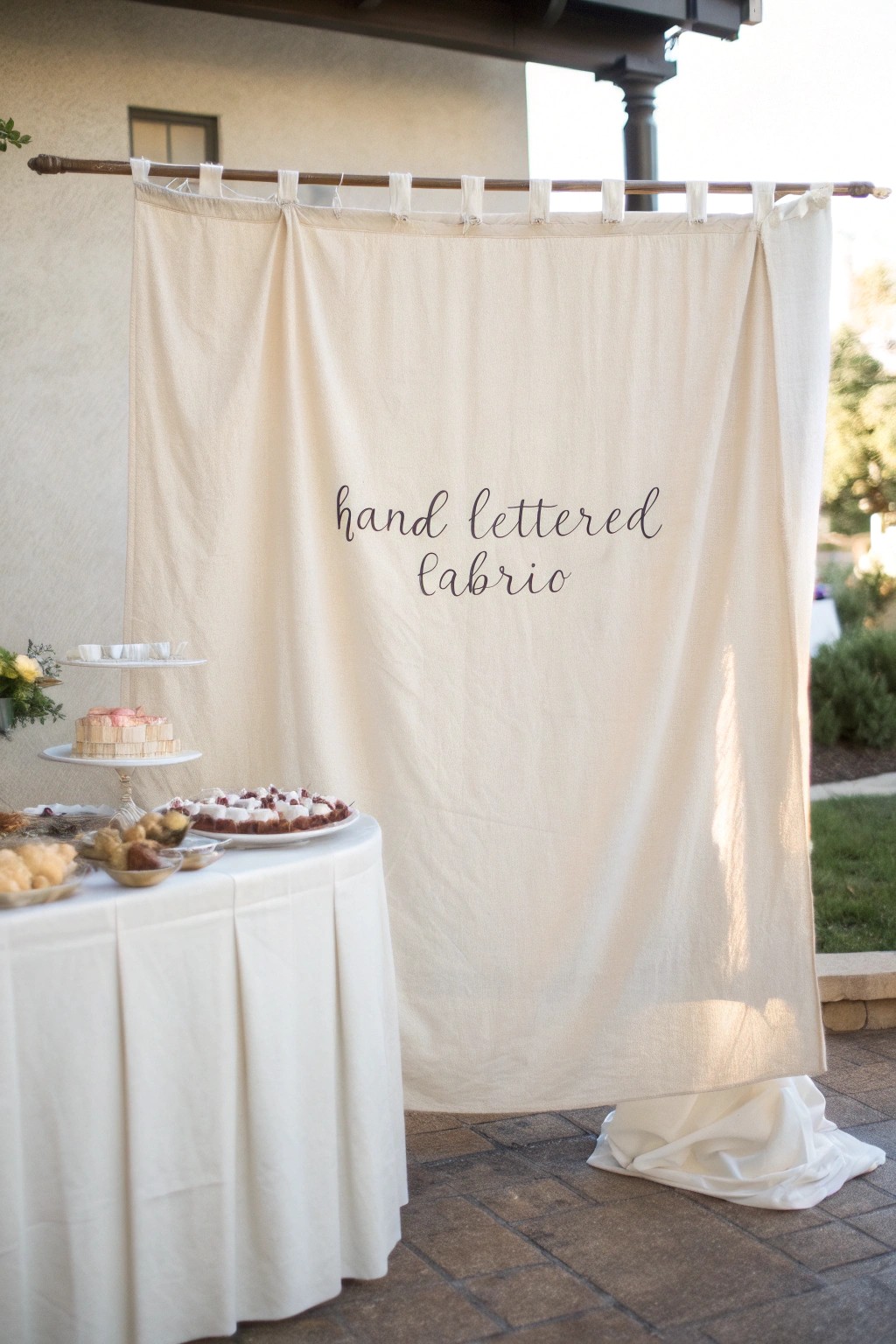 Elevate your dessert table with a handcrafted, calligraphy fabric banner backdrop—simple, stunning, and effortlessly chic.