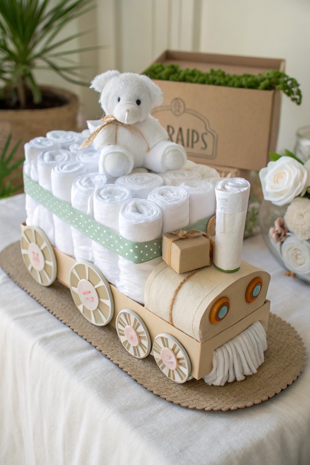 All aboard the cuteness express—Scandi-style train diaper cake with handcrafted charm!
