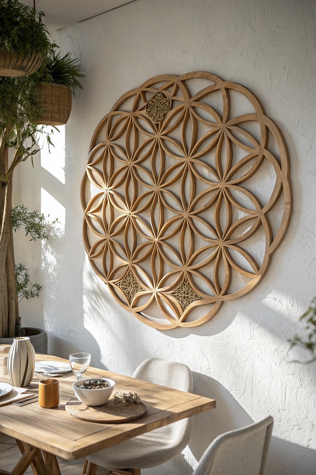 Elevate your dining room with the natural beauty of a handcrafted 3D wood wall sculpture.