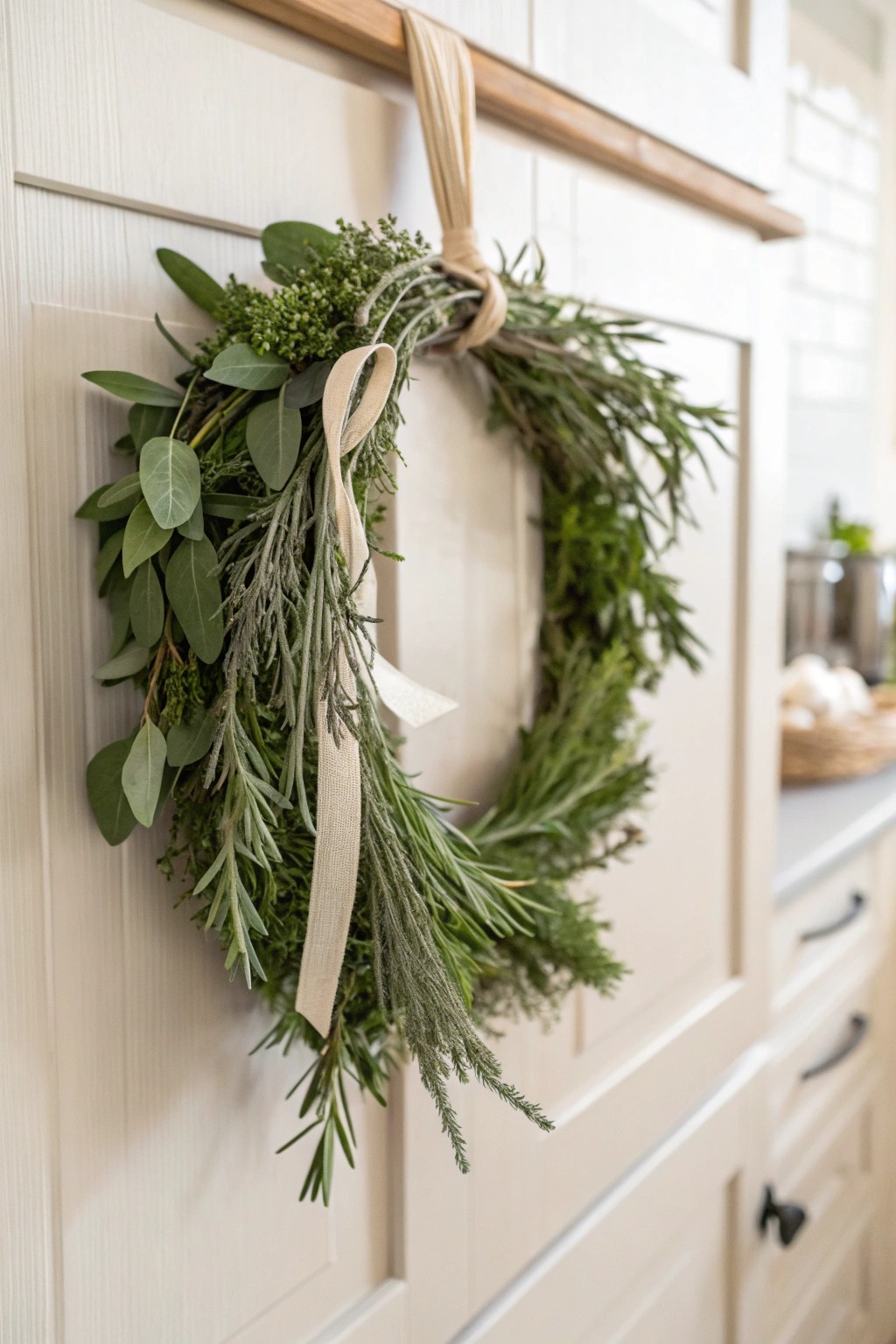 Bring natural beauty and fresh herbs into your kitchen with a handcrafted wreath.
