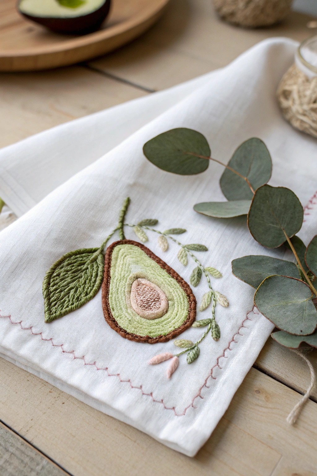 Whimsical avocado embroidery—bringing playful charm and artisan beauty to everyday moments.