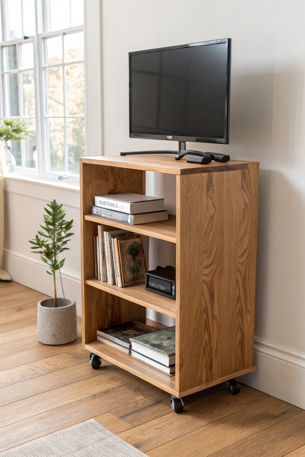 Effortless style and flexibility: a handcrafted rolling media cart for your ever-changing space.
