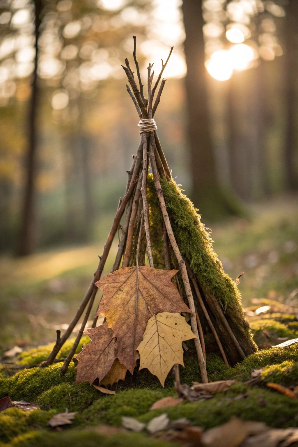A woodland-inspired fairy teepee: nature’s shelter made from twigs and golden leaves.