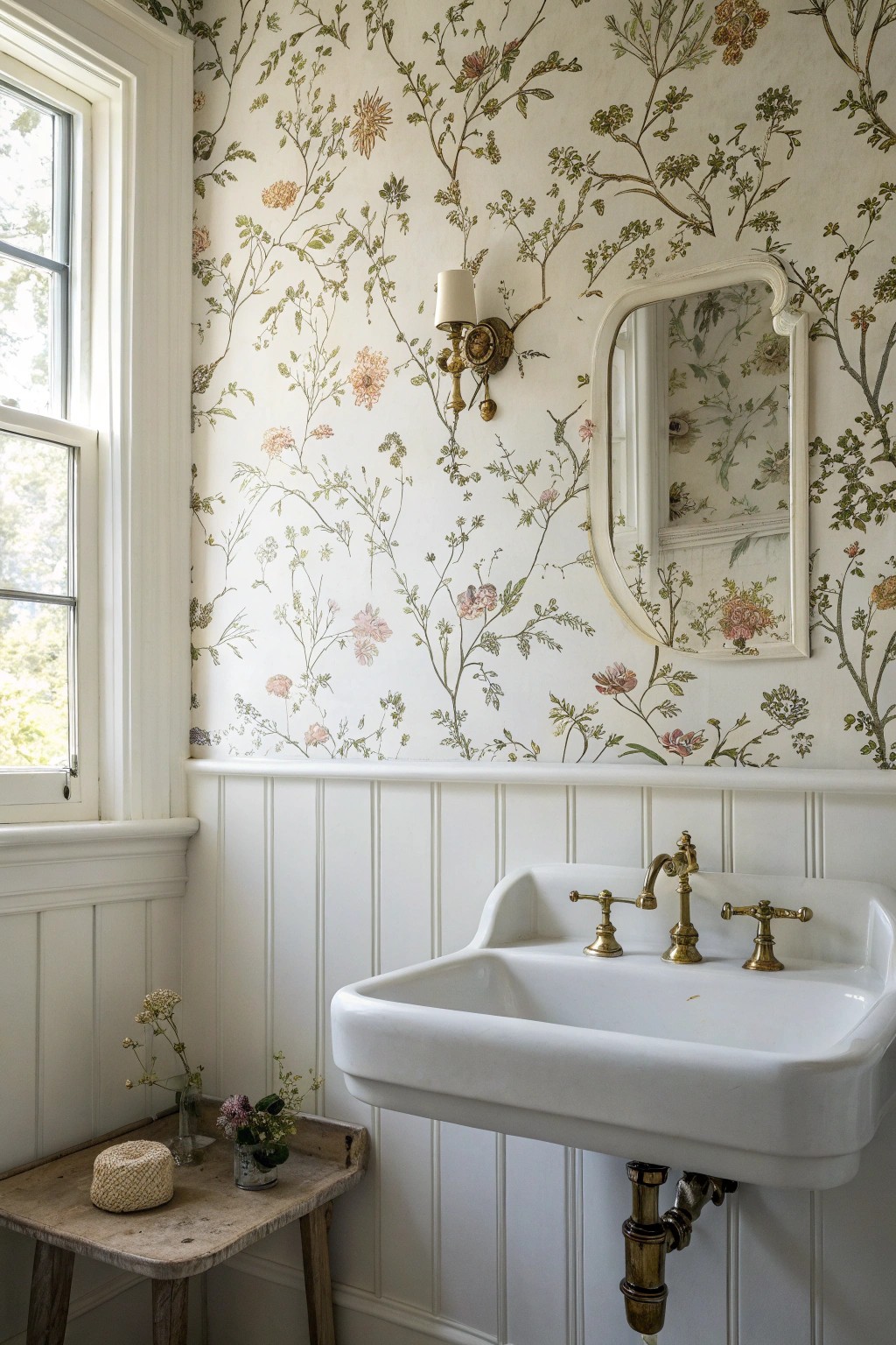 Charming farmhouse florals: Elevate your bathroom with timeless, artisan wallpaper.