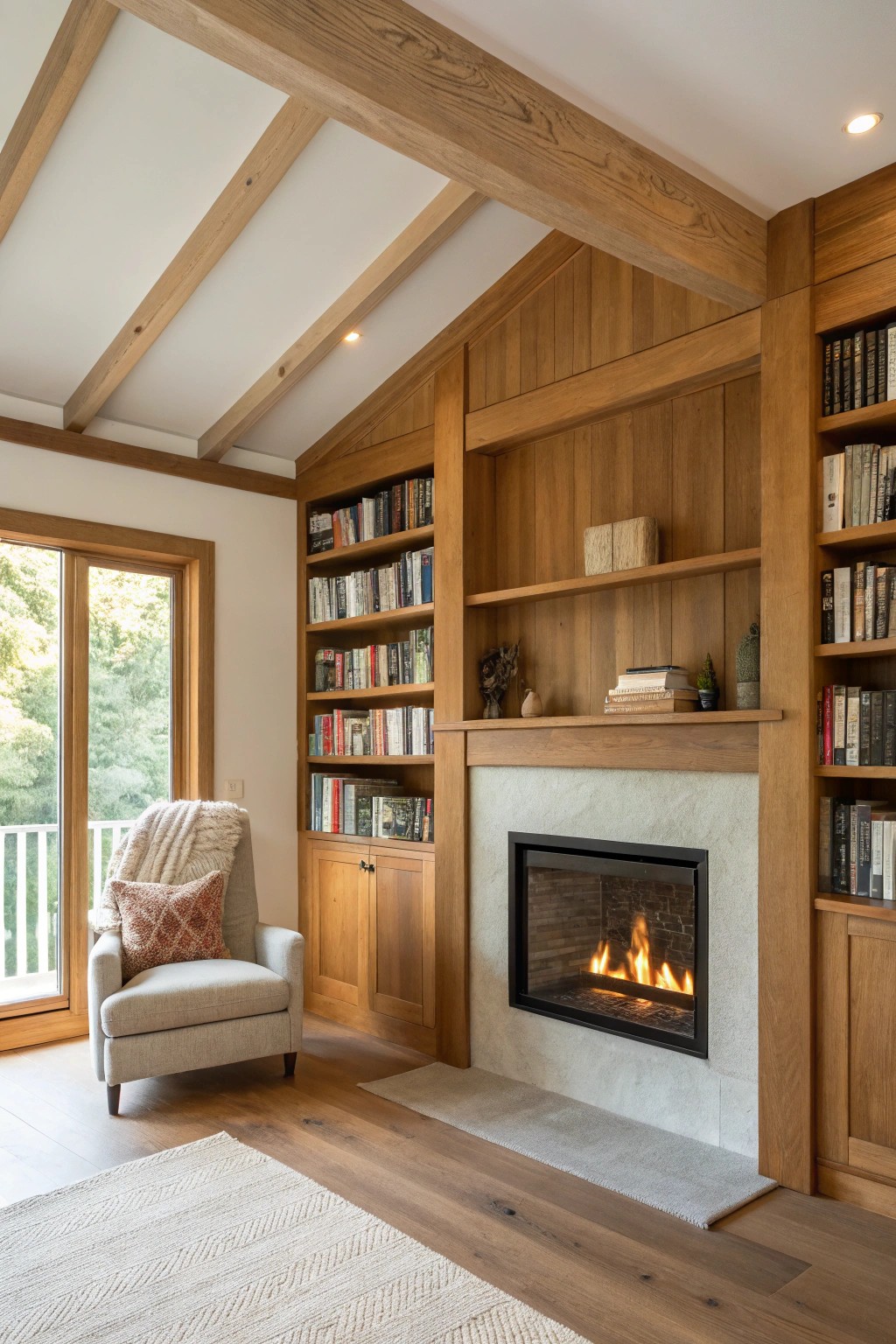 A cozy nook: the perfect blend of warmth, books, and timeless craftsmanship.