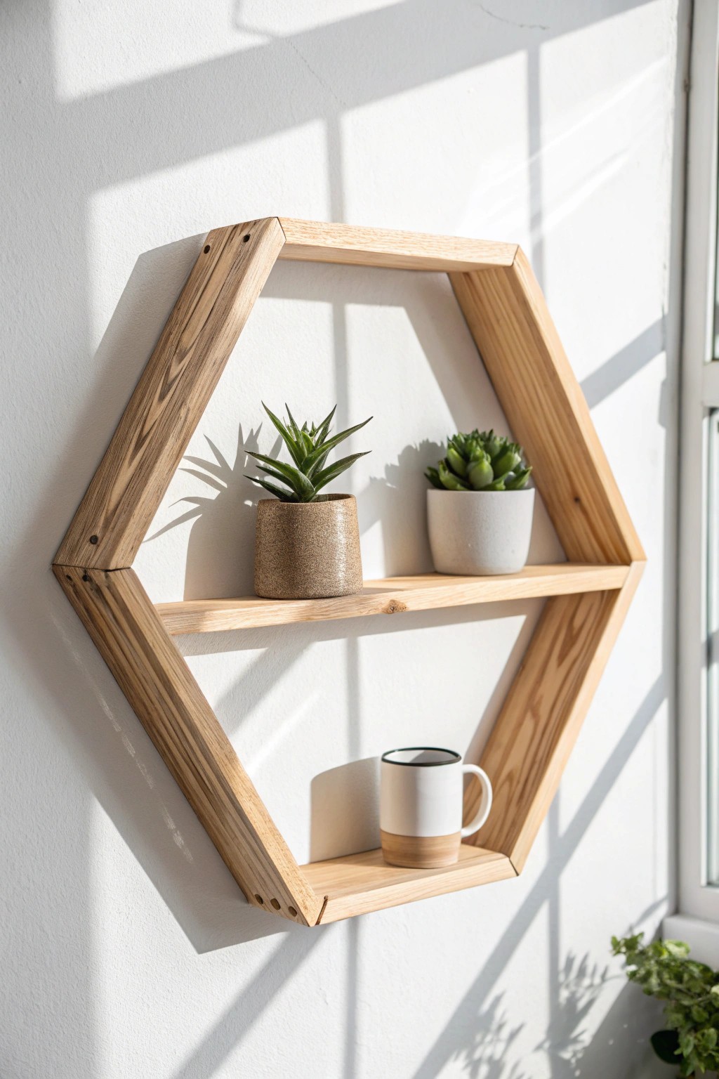 Elevate your space with a handcrafted hexagon floating shelf – modern simplicity meets natural beauty.