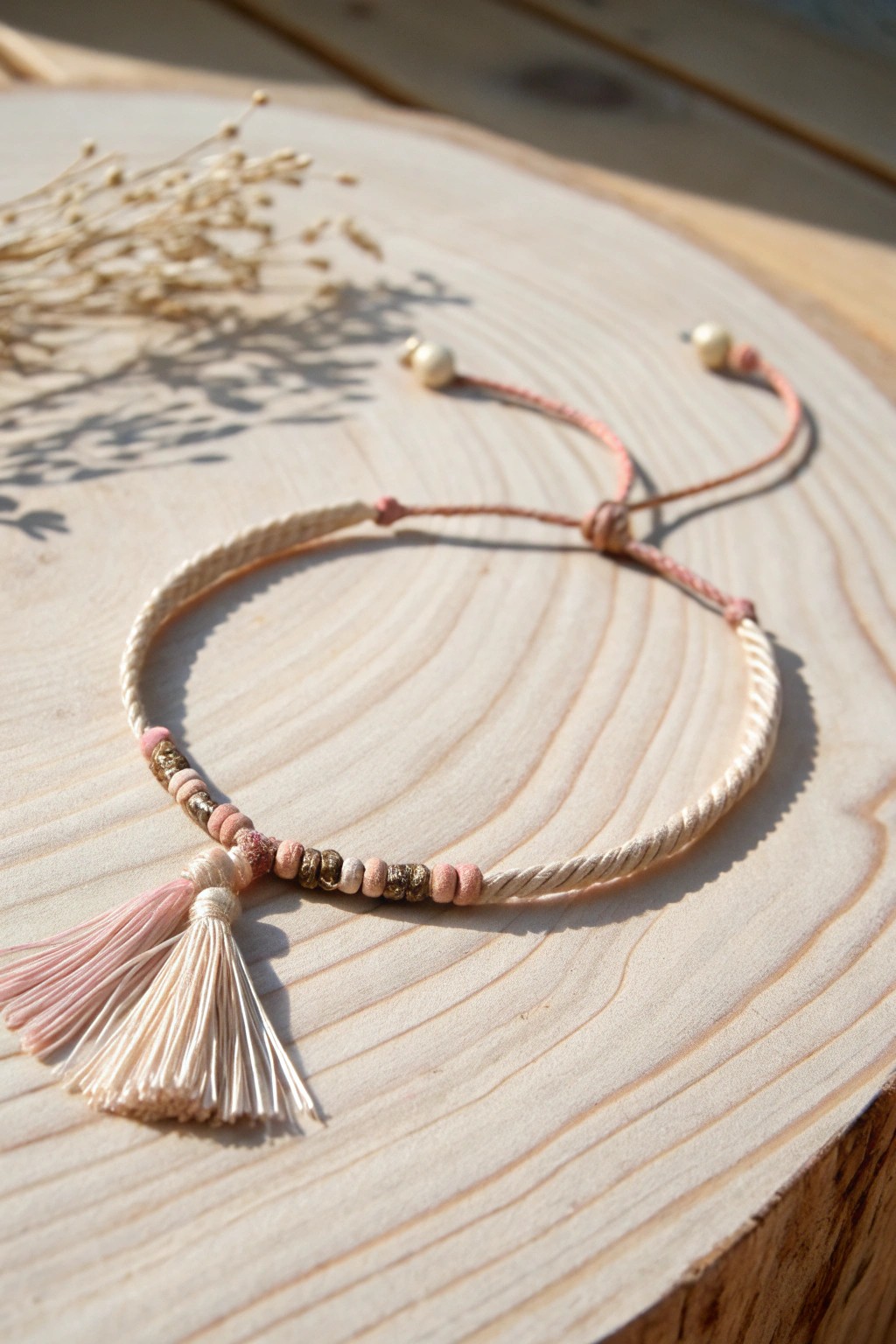 Chic simplicity: a friendship bracelet topped with tiny tassel finishes, perfect for your boho-minimalist style.
