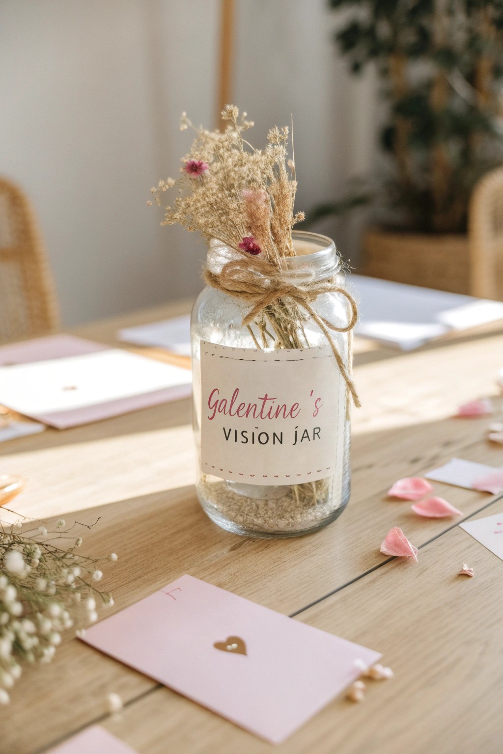 A beautifully decorated Galentine’s Vision Jar: where affirmations and goals become treasured keepsakes.