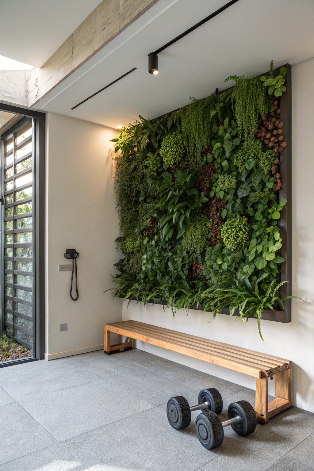 Elevate your garage gym with a stunning living wall for fresh air and fresh inspiration.
