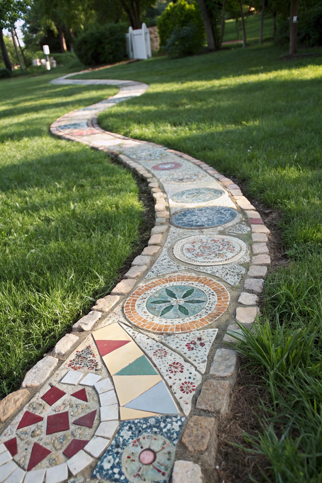 Transform your garden with a striking handmade mosaic path—where art meets nature.