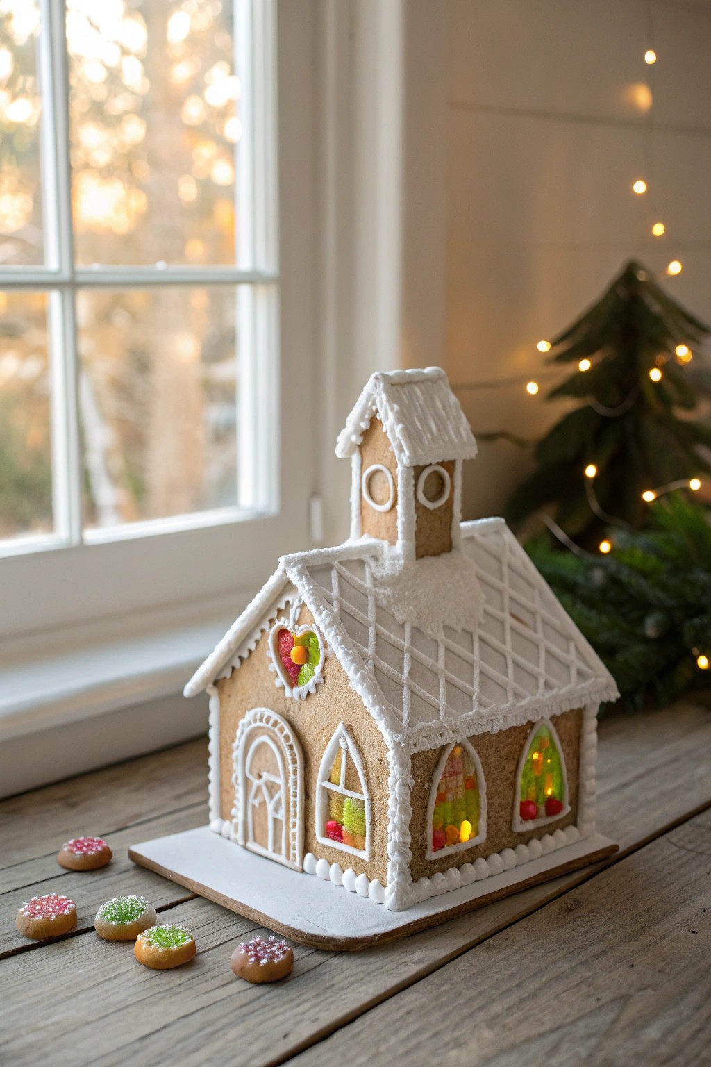 A minimalist gingerbread church glows with candy 'stained glass' windows—Scandi-Boho holiday magic.