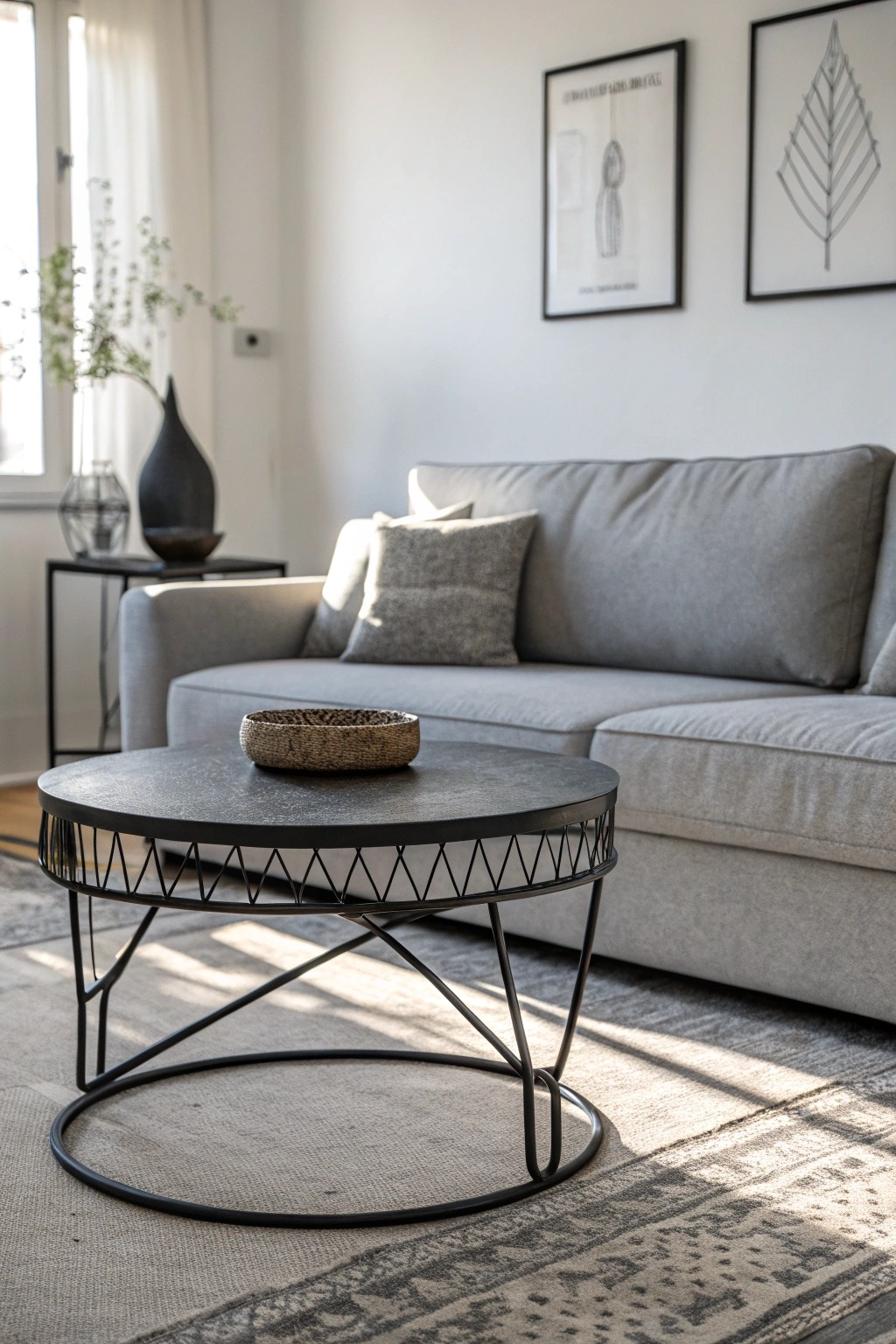 Elevate your grey couch with bold black accents for a touch of modern elegance.