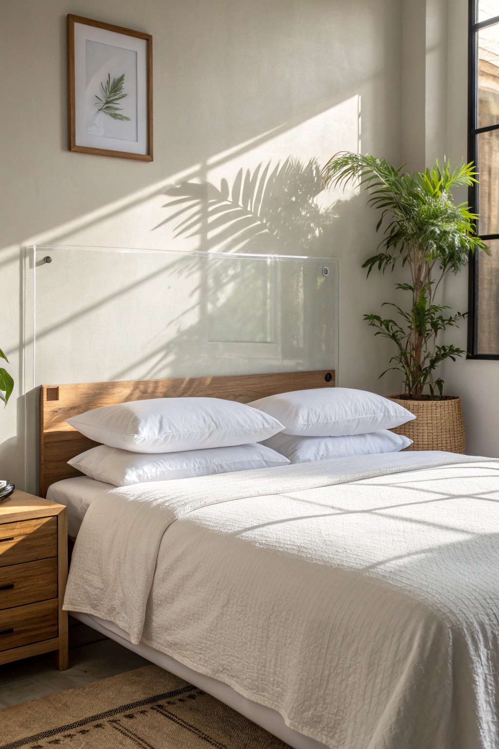 Let light and color shine with a floating acrylic headboard—modern minimalism at its finest.