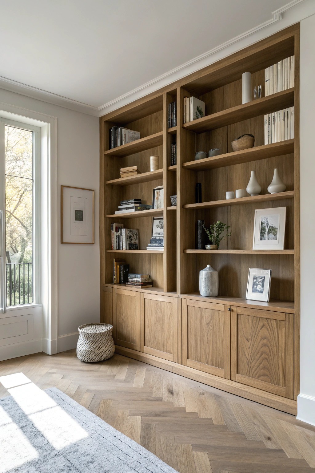 Elevate your space with floor-to-ceiling bookshelves styled for natural beauty and timeless elegance.