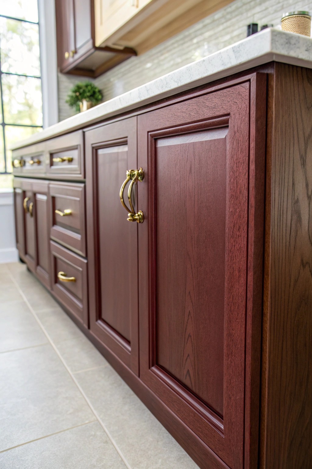 Elevate your kitchen with the regal warmth of burgundy cabinetry and timeless brass details.