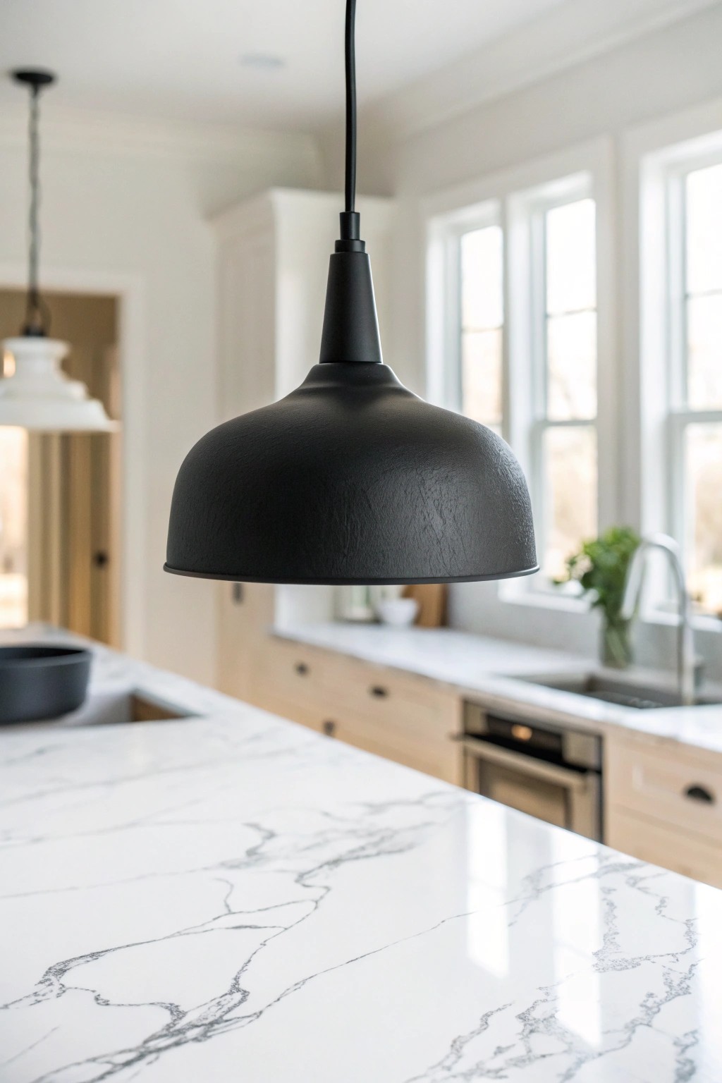 Elevate your kitchen island with bold black lighting for instant modern drama.