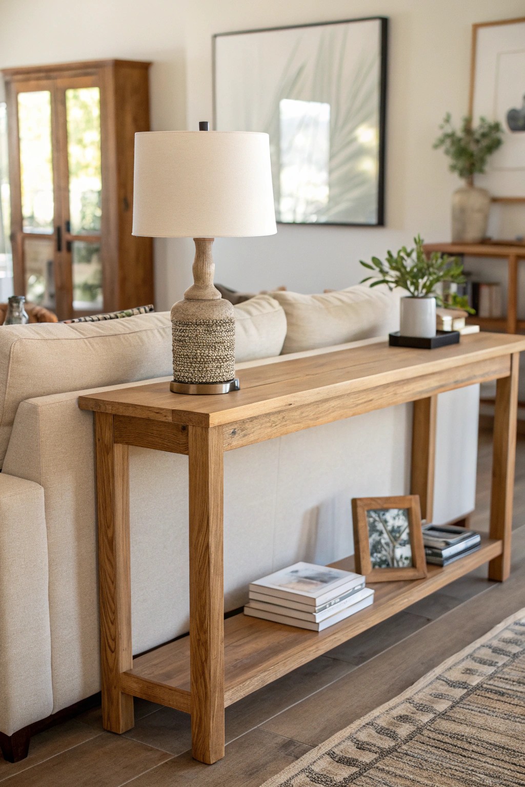 Elevate your living room with a natural wood console table behind the sofa—style meets function.