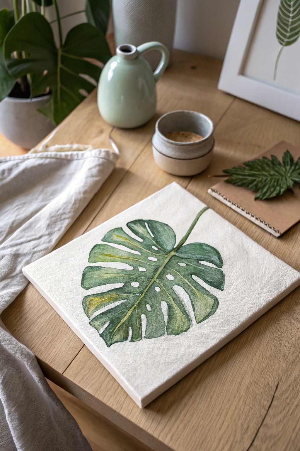 Bring nature indoors with a hand-painted mini monstera leaf canvas—simple, stylish, and full of charm.