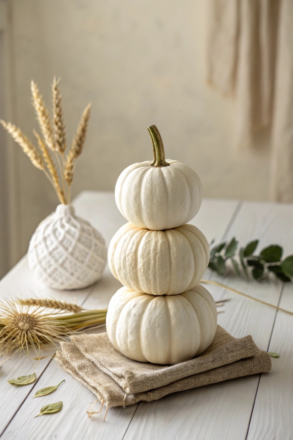 Stacked mini pumpkins become playful, hand-painted skeletons—a chic, minimalist Halloween statement.