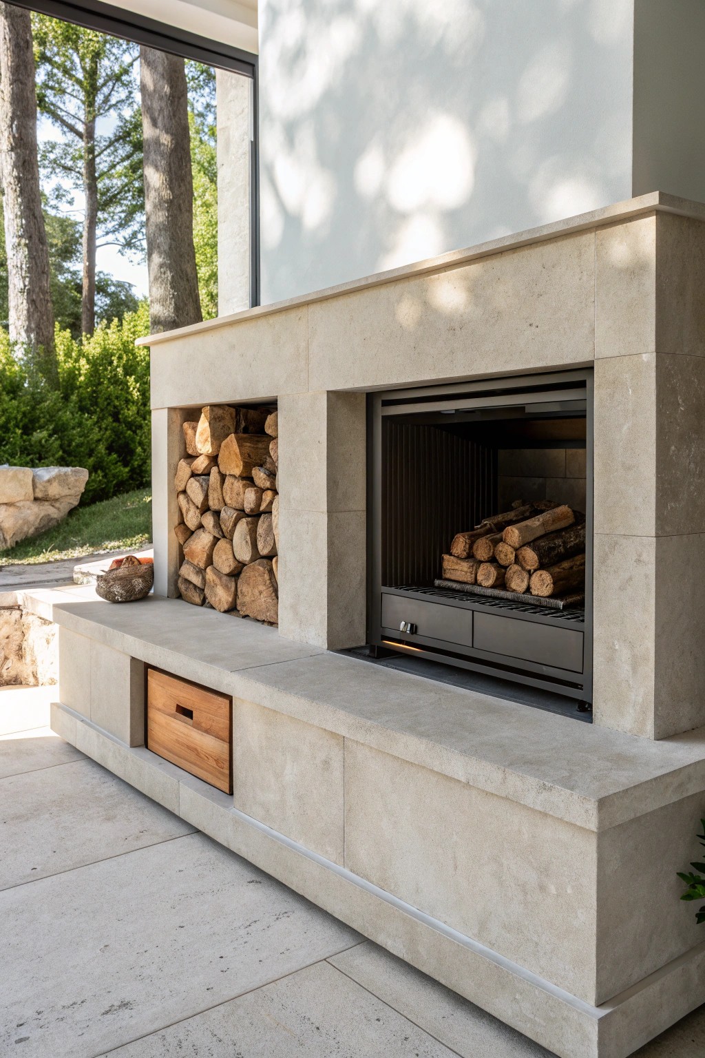 Sleek fireplace with hidden storage—where beauty meets smart design.