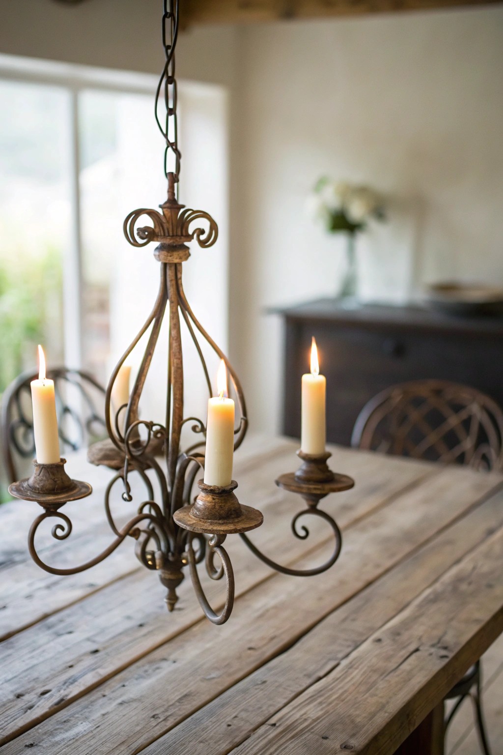 Bring timeless charm to your dining space with an antique candle-style chandelier.