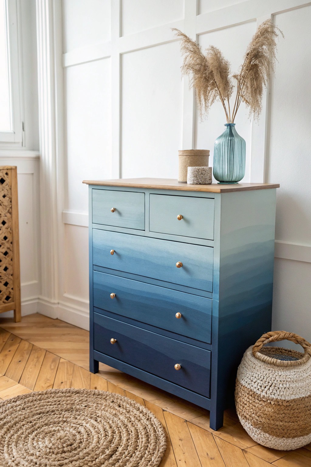 Bring coastal calm home with this ombre blue chest—Scandinavian simplicity meets breezy boho vibes.