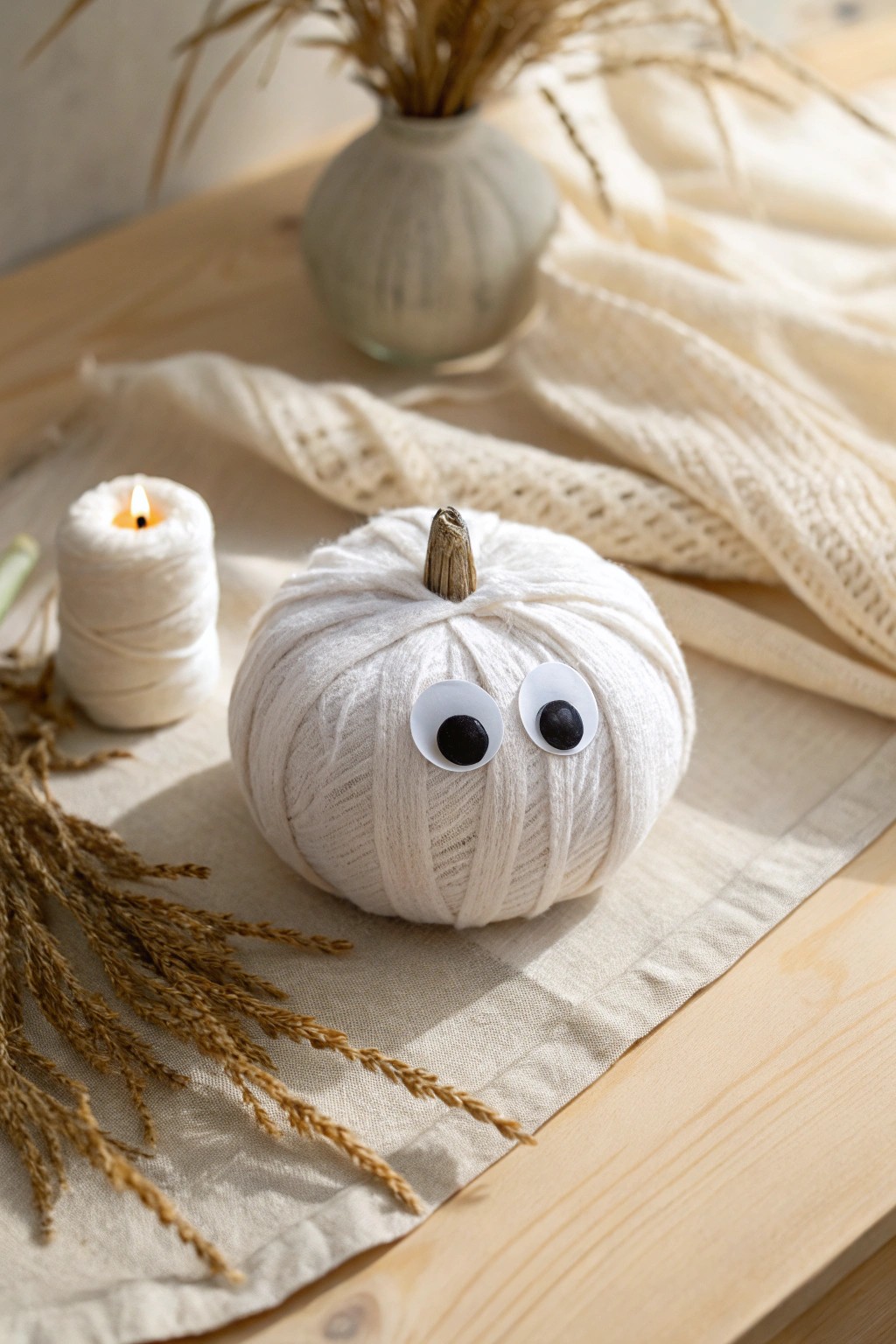 Scandinavian-inspired pumpkin mummy: playful, simple, and beautifully handmade.