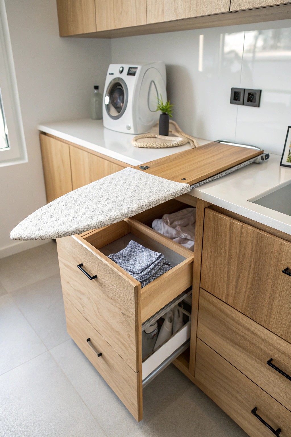 Effortless organization: a hidden ironing board, beautifully tucked away.