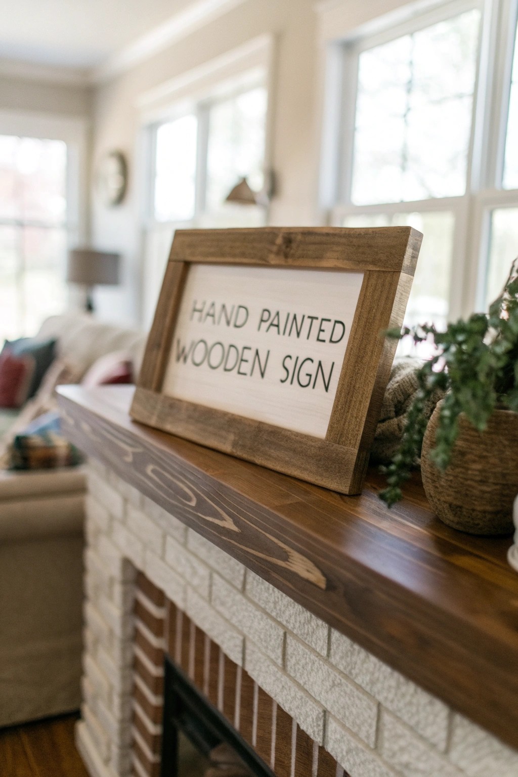 Handmade wooden signs add a personal, rustic touch to your living room.