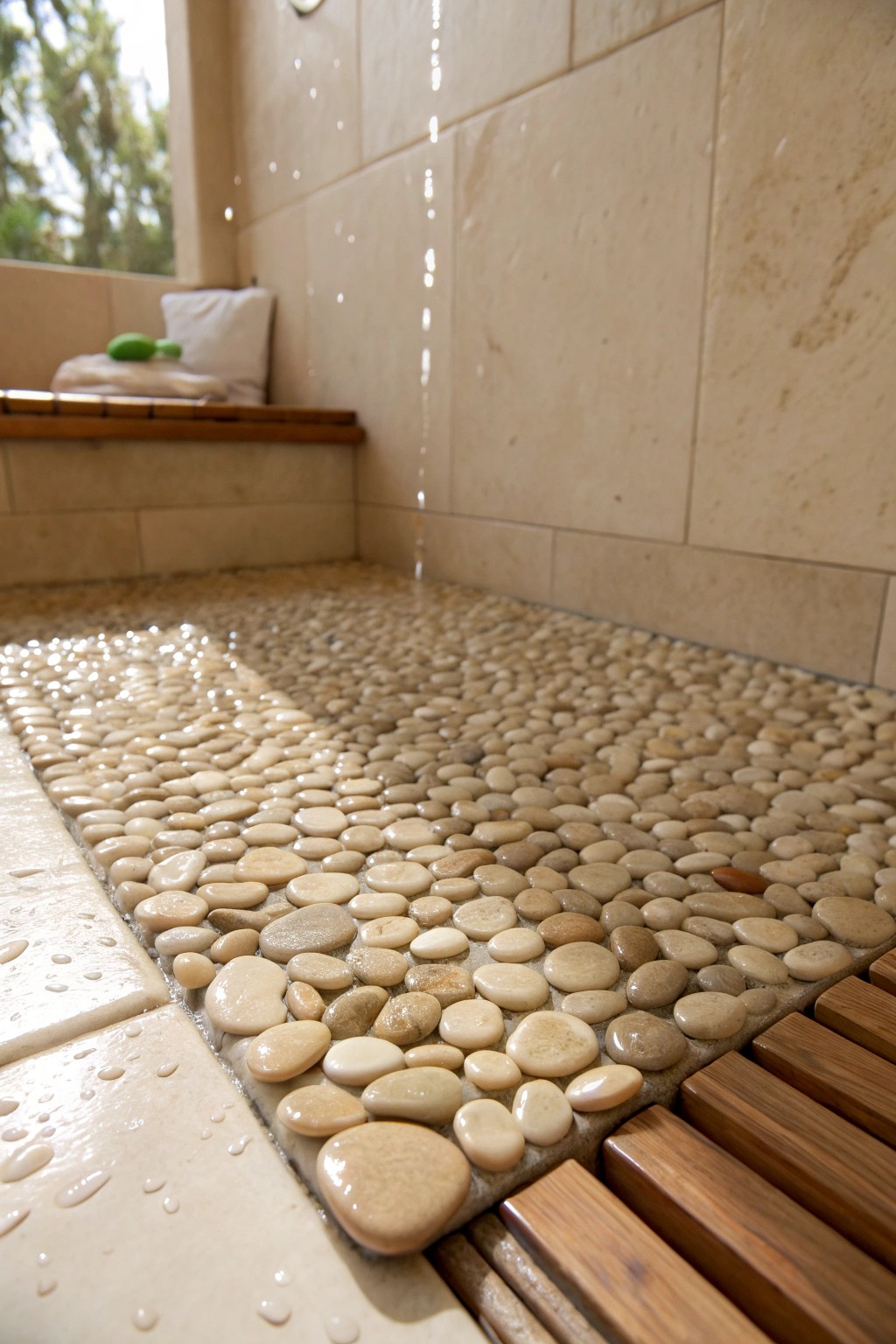 Bring the outdoors in—experience tranquility with natural pebble shower tiles.