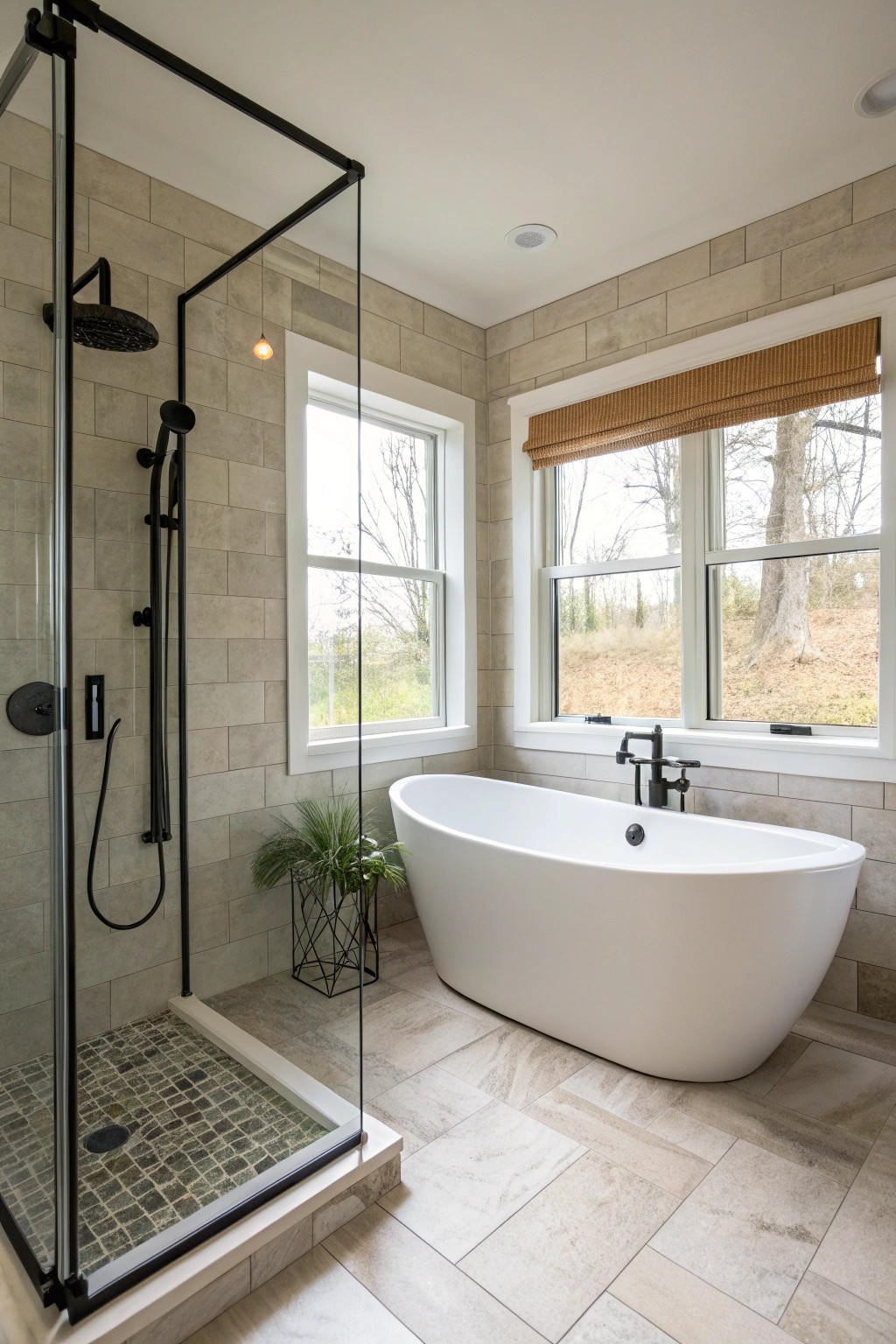 Effortlessly combine style and function with a chic walk-in shower and tub in one beautiful space.