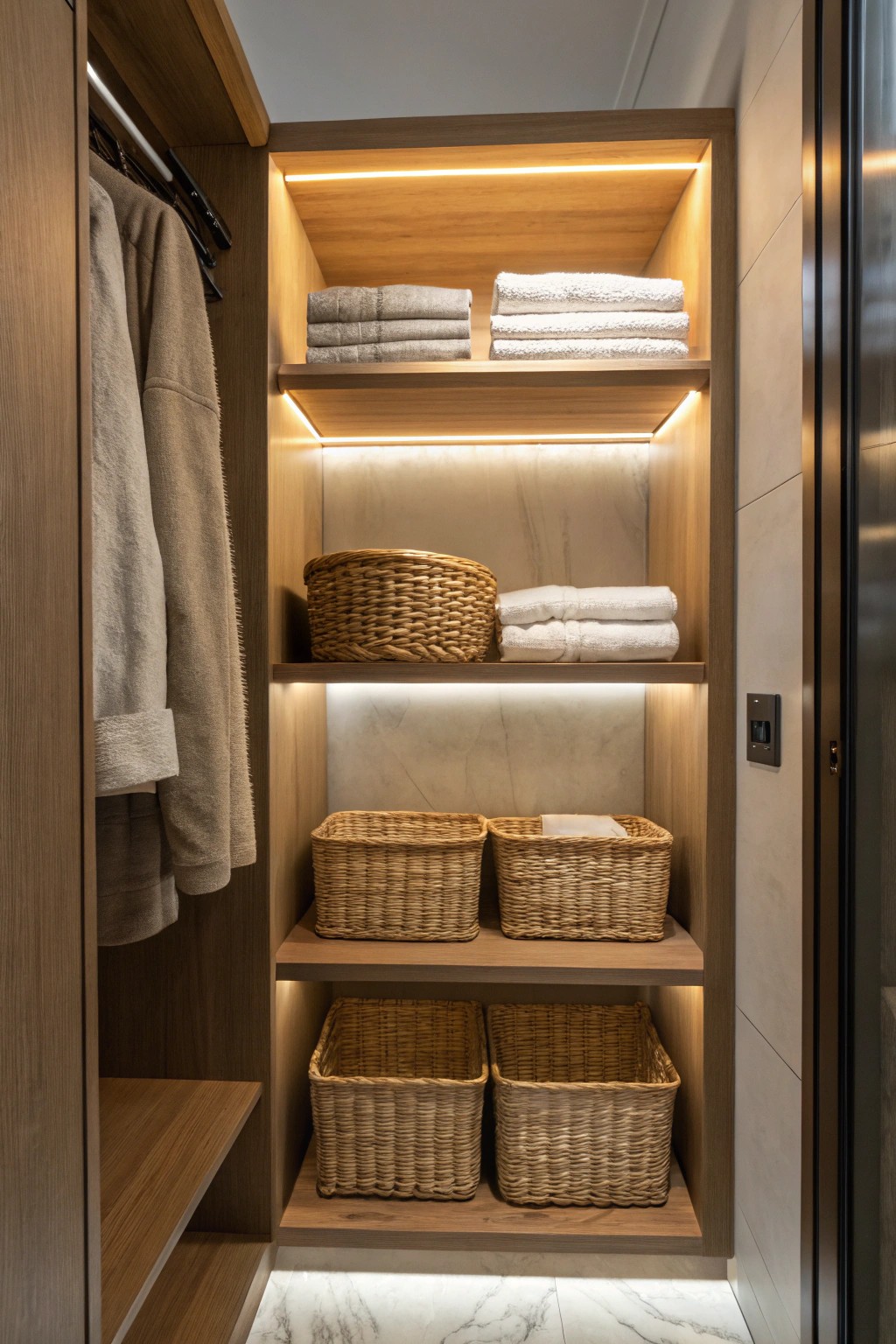 Elevate your small closet with the warm glow of LED lighting—where organization meets natural elegance.