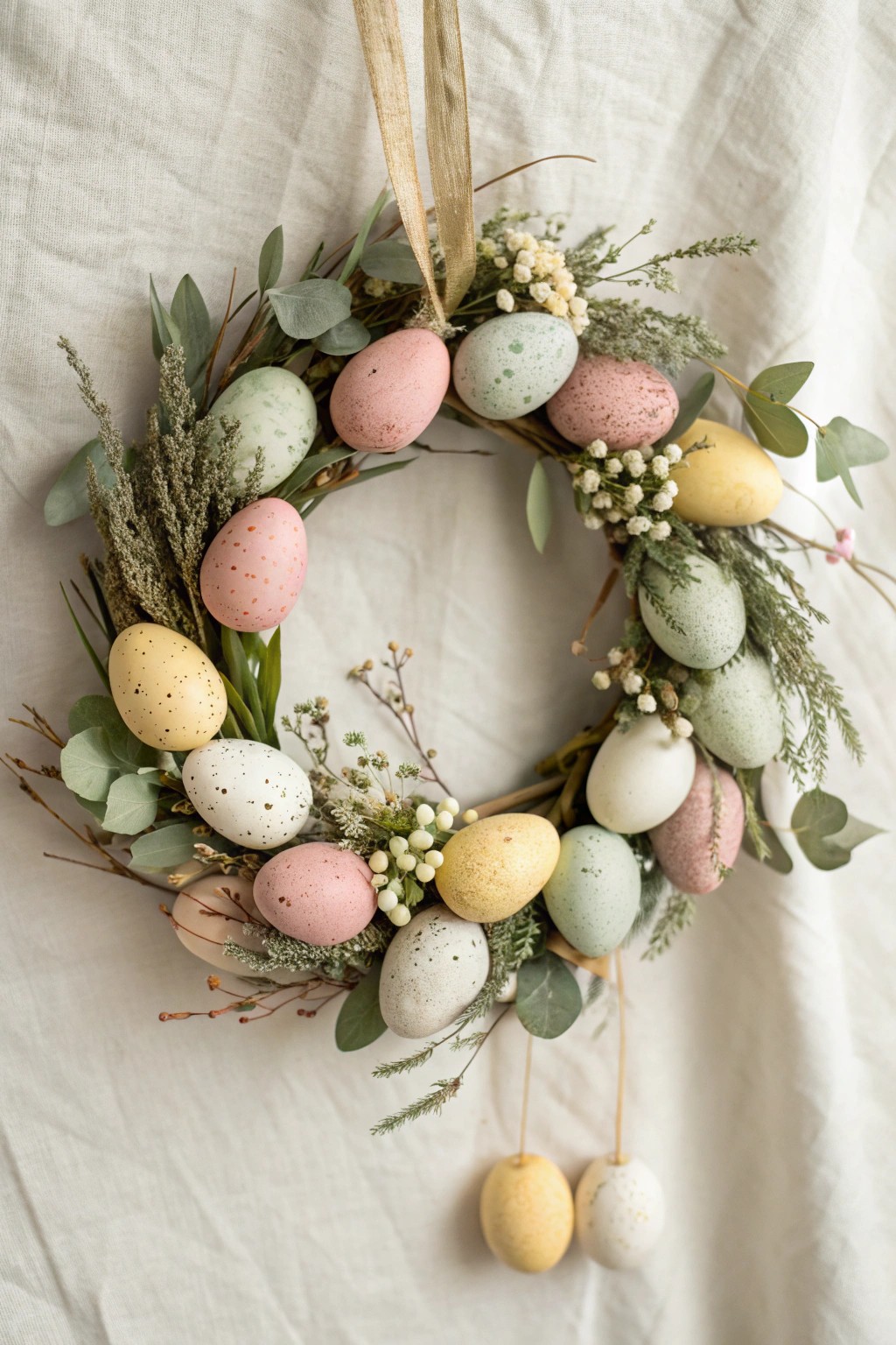 A delicate spring wreath of painted eggs and greenery—Scandinavian simplicity meets boho charm.