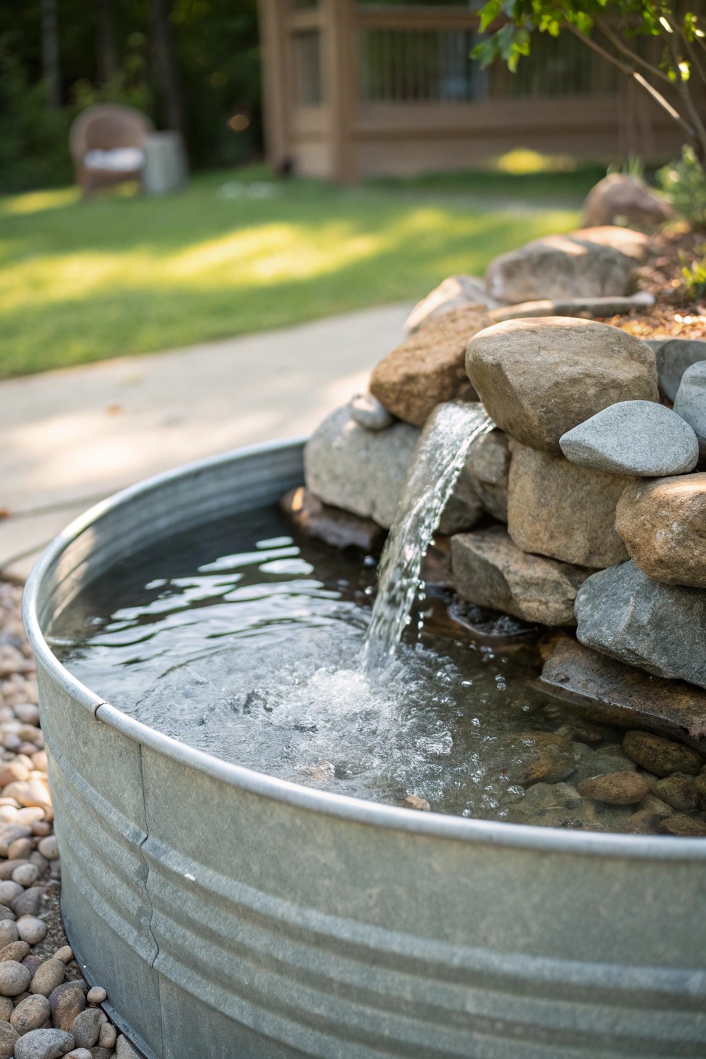 Transform your stock tank pool with a simple, soothing rock waterfall feature.