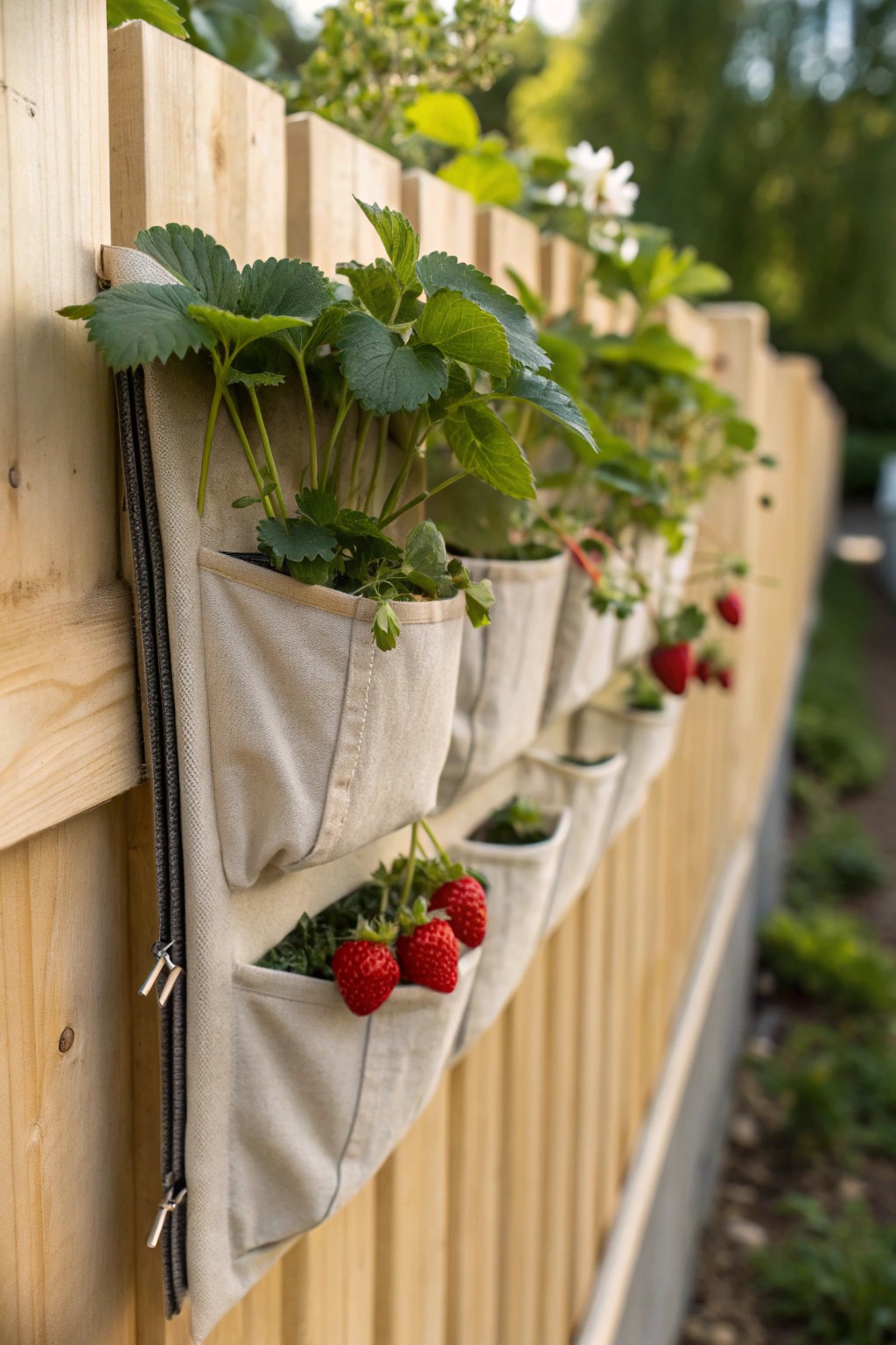 Grow strawberries in style—a simple, beautiful wall-mounted pocket planter for your sunny fence.