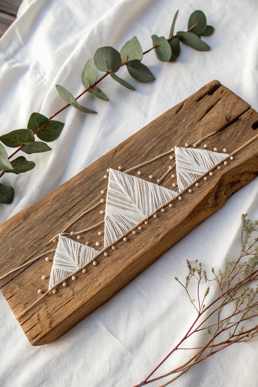 Scandinavian-inspired string art: minimalist mountain scene on driftwood for natural beauty at home.