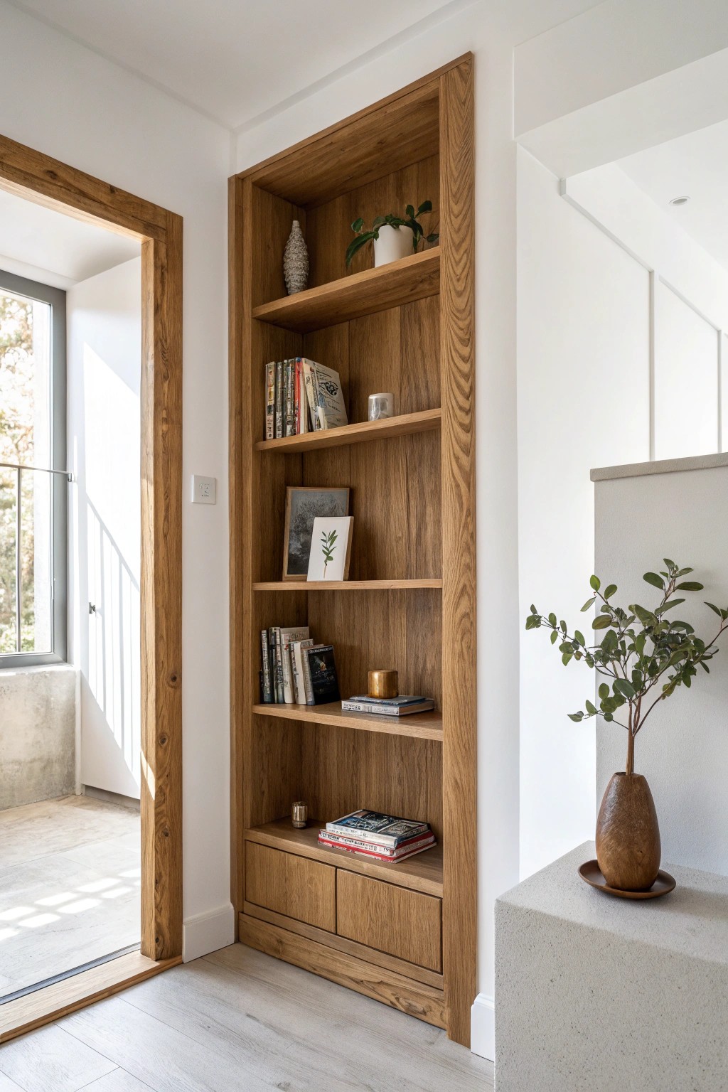 Effortlessly stylish storage: built-in shelving for a clutter-free studio.