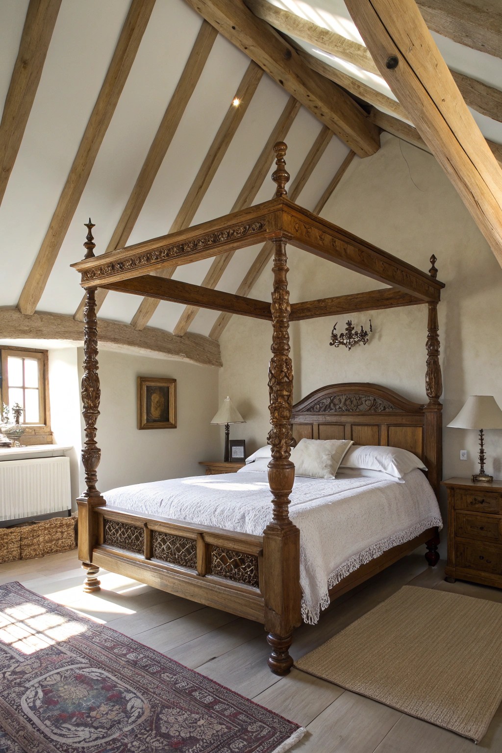 Add vintage glamour to your attic retreat with a stunning four-poster bed.