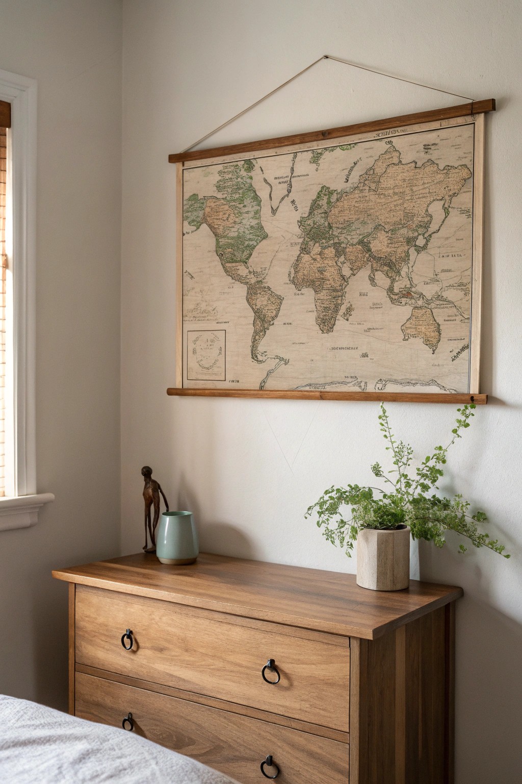Elevate your bedroom with a vintage map—simple, timeless, and full of wanderlust.